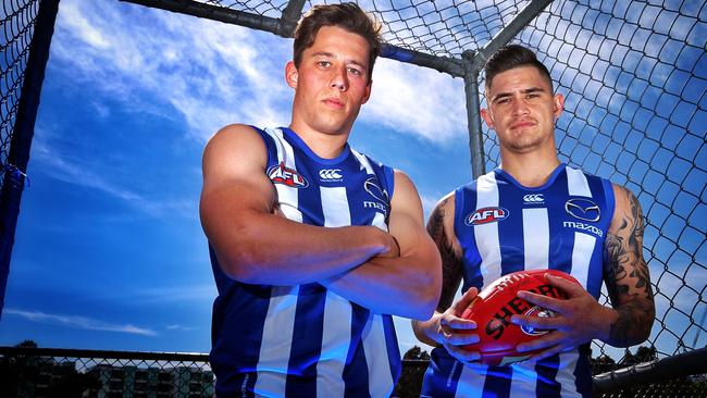 North Melbourne’s trade acquisitions Nathan Hrovat and Marley Williams. Picture: Hamish Blair