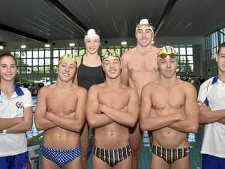 Toowoomba Grammar School Swimming Club medal winners (from back left) Naia Anderson and Matt Smith, (front, from left) Josephine Illing, George Tighe, William Salmond, Charlie Schoorl and Jude Youens. Picture: Bev Lacey