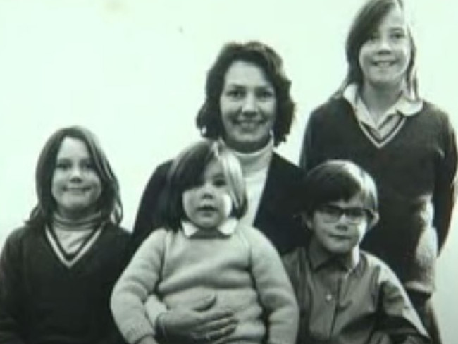 Then Mary Donaldson sits on her mother Henrietta Horne’s lap for a family photo with siblings Jane, John and Patricia. Picture: YouTube