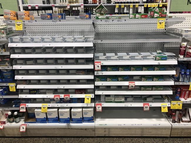 Sydney shoppers respond to the coronavirus by emptying the shelves of Panadol and Nurofen. Picture: Supplied