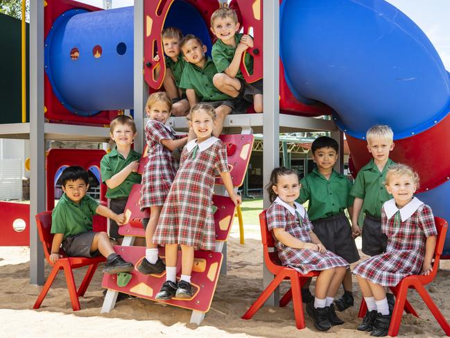 St Joseph's School, Millmerran Prep students (front row, from left) Kurt Magno, Robert Stoker, Aria Klein, Bonnie Fitzgerald, Elsie Willett, Aiden Bejarin, Xander Burgess and Emily Andrews and (back row, from left) Colin Pink, Aden Hollis and Bentley Garner, Absent are Noah Orchison-Hood, Callie Barker and Ryan Kelly, Friday, February 17, 2023. Picture: Kevin Farmer