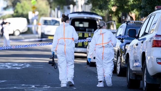 NSW police investigate a fatal shooting in Parramatta. Picture: Bianca De Marchi/AAP