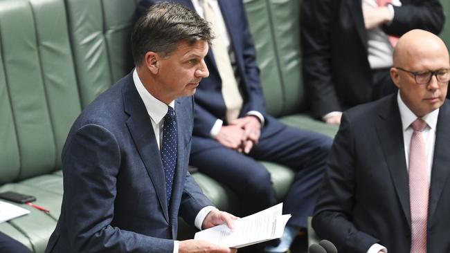 Opposition Treasury spokesman Angus Taylor has hit back at new Treasury modelling released by Jim Chalmers claiming that the Coalition would have delivered deficits rather than back-to-back surpluses. Picture: NewsWire / Martin Ollman