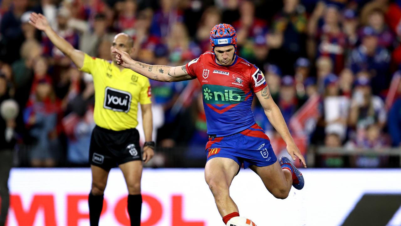 A late Kalyn Ponga penalty goal helped the Knights eliminate the Raiders. Picture; Brendon Thorne/Getty Images