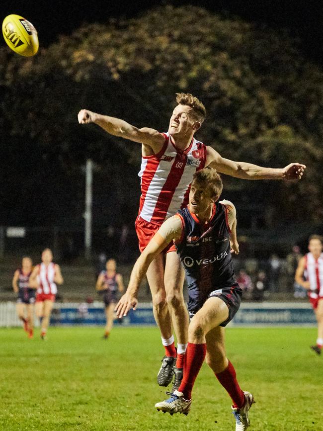 North's Mackenzie Slee spoils North Adelaide's Luke Wilson at Norwood Oval. Picture: Matt Loxton