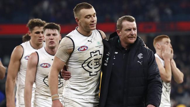 Carlton skipper Patrick Cripps and coach Michael Voss after Saturday night’s loss. Picture: Darrian Traynor/Getty Images