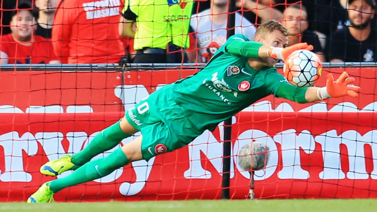 Andrew Redmayne of the Wanderers saves a shot during the Western Sydney Wanderers v Adelaide United A League match at Pirtek Stadium, Parramatta. pic Mark Evans