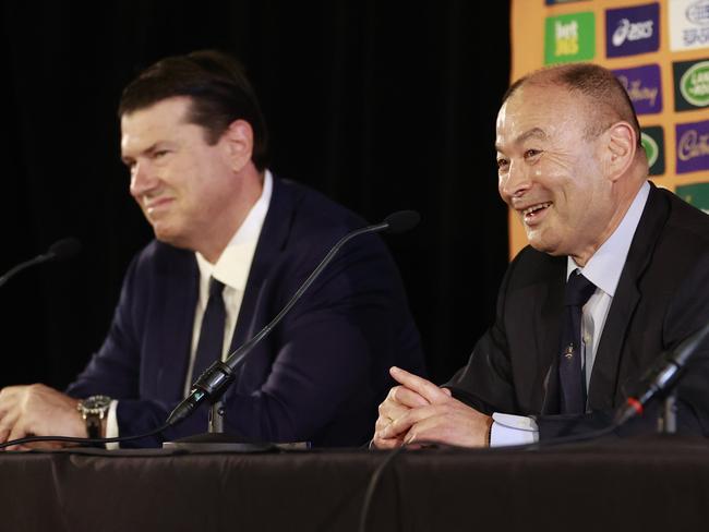 DAILY TELEGRAPH. JANUARY 31, 2023.Pictured at Matraville Sports High School today is new Wallabies head coach Eddie Jones during a press conference with Chairman of Australian Rugby Union Hamish McLennan, and CEO of Australian Rugby Union Andy Marinos, to announce his appointment. Picture: Tim Hunter.