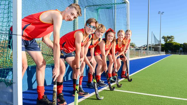 Joshua Ucinek, Owen Geoghegan, Coell Williams, Molly Dwyer, Emily Holland and Ella Bruce will be part of SA’s teams at the part of the national under-15 hockey championships. Picture: Brenton Edwards