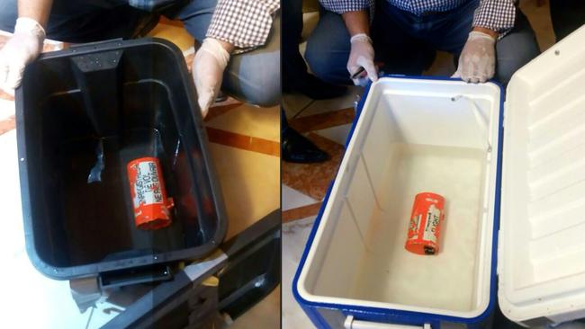 Handout pictures taken at an undisclosed location in Egypt and released on June 17 show the flight recorder (left) and one of two black boxes (right) from EgyptAir flight MS804. Picture: AFP