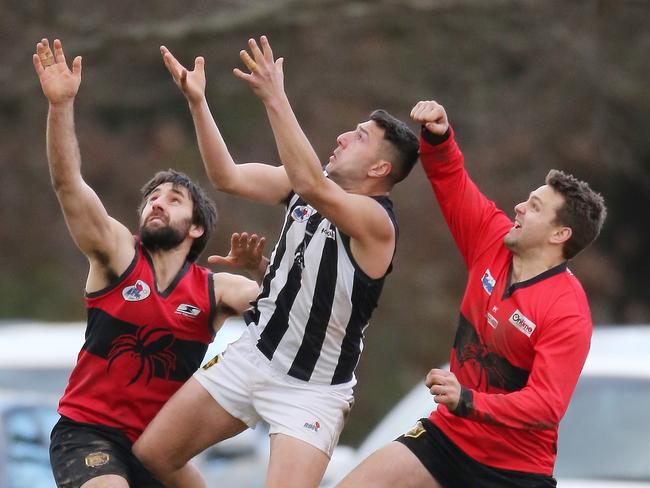 Key forward Sam Rexhepi flies for a mark with Wallan. Picture: Yuri Kouzmin. 