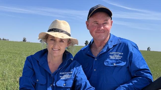 Dalles and Paul pictured in a crop of lucerne. Picture: Nikki Reynolds