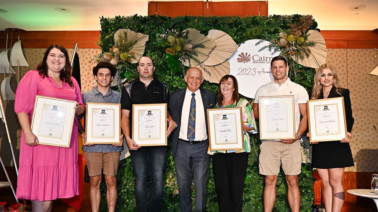 Cairns Regional Councils 2023 Australia Day Award recipients with Mayor Bob Manning L-R; Hannah Boon, Edan Mattinson, James Kerr, Mayor Bob Manning, Majella Fallon, Sebastian Temesi and Alannah Giuffrida. Picture Emily Barker.