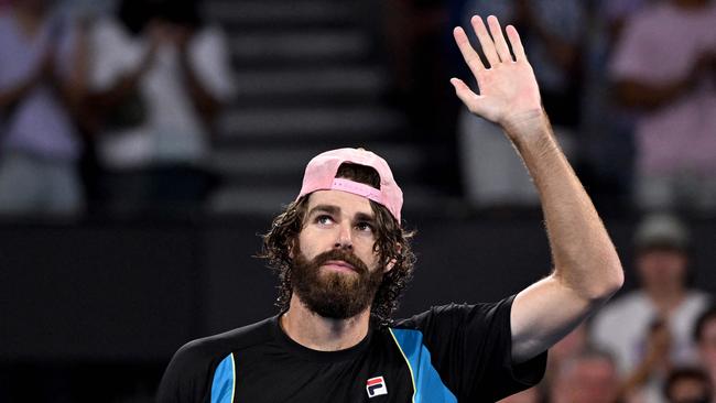 USA's Reilly Opelka celebrates winning his men's singles semi-final match against France's Giovanni Mpetshi Perricard at the Brisbane International tennis tournament in Brisbane on January 4, 2025. (Photo by William WEST / AFP) / -- IMAGE RESTRICTED TO EDITORIAL USE - STRICTLY NO COMMERCIAL USE --