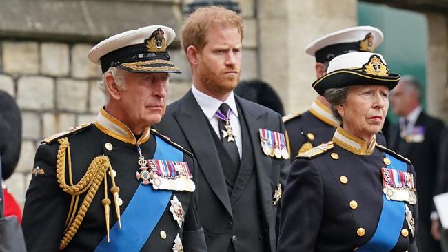 King Charles III, Prince Harry and Princess Anne arrive at Queen Elizabeth’s Committal Service held at St George's Chapel in Windsor Castle. Picture: Getty Images.