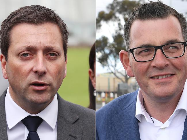 A composite image of Victorian Opposition Leader Matthew Guy (left) and Victorian Premier Daniel Andrews (right) during campaigning for the Victorian state election, Thursday, November 22, 2018. (AAP Image/David Crosling, Julian Smith) NO ARCHIVING