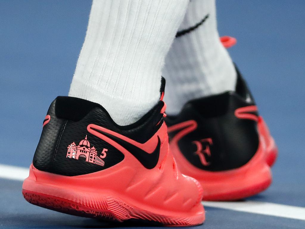 Roger Federer paid tribyte to Melbourne on his shoes this year. Pic: Michael Klein