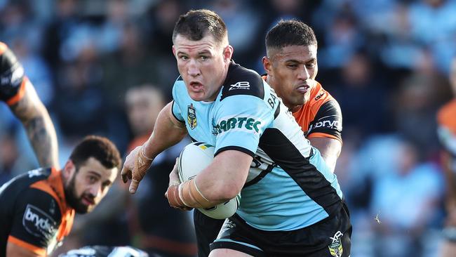 Paul Gallen on the charge for the Sharks against Wests Tigers at Southern Cross Group Stadium. Picture: Brett Costello