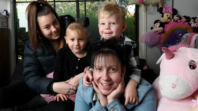 Danielle Butterworth and three of her 6 kids. Brittany 16, Hardy 3 (top right) and Hailo 2 (surname Hodgetts) in their Carrum Downs home that the Salvos provided her when she was homeless. It's Homeless Persons Week. PICTURE : PENNY STEPHENS. 1ST AUGUST 2017