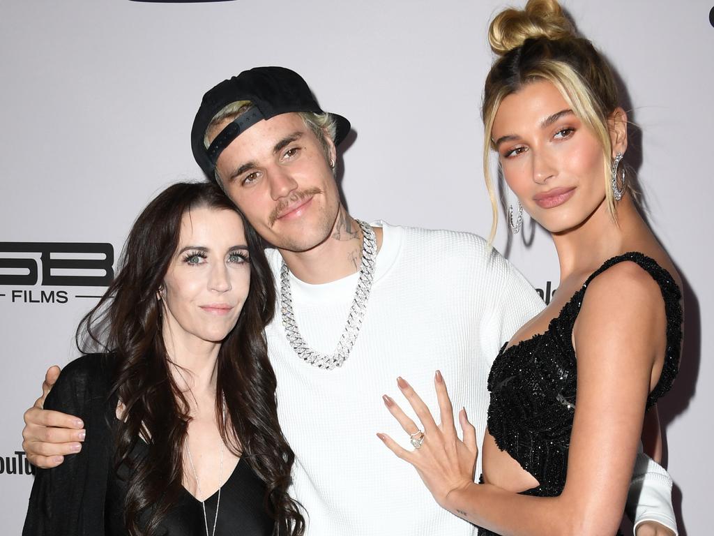 Justin Bieber with his mum, Pattie Mallette, and wife, Hailey. Picture: getty Images