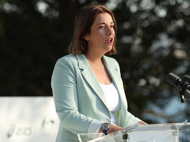 SYDNEY, AUSTRALIA - MARCH 07: Minister for Sport Anika Wells speaks on stage during the Australian 2024 Paris Olympic Games ASICS Uniform Launch at Yurong Point (Mrs Macquarie's Chair) on March 07, 2024 in Sydney, Australia. (Photo by Mark Metcalfe/Getty Images)