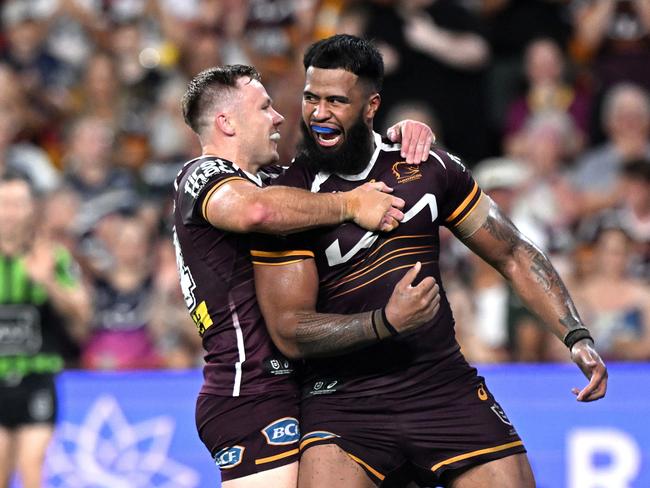 Payne Haas of the Broncos celebrates after scoring a try against the North Queensland Cowboys, Picture: Getty Images