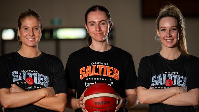 Ruby Porter, Courtney Woods and Sophie Johnston ahead of the Darwin Salties 2024 NBL1 home match against Mackay. Picture: Pema Tamang Pakhrin
