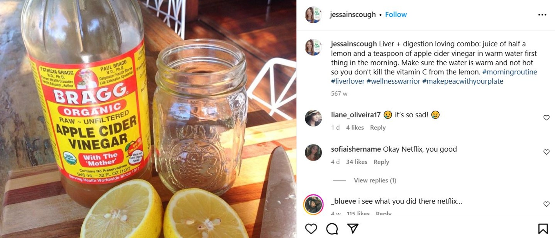 Jessica Ainscough's apple cider vinegar Instagram post. Picture: Instagram.