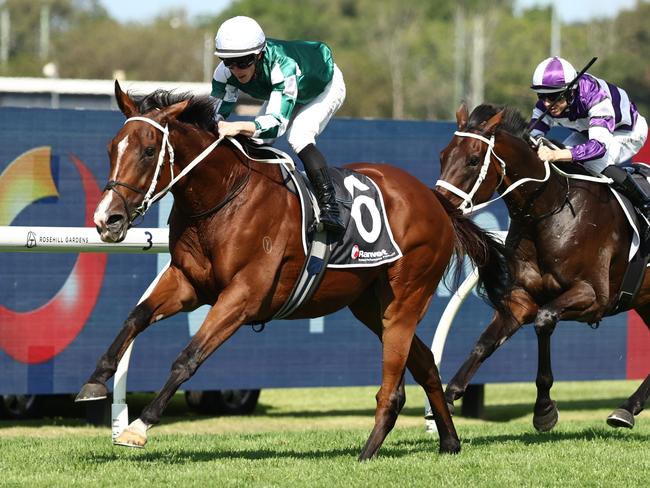 SYDNEY, AUSTRALIA - MARCH 22: James Mcdonald riding  Via Sistina win Race 5 Ranvet Stakes during the "TAB Golden Slipper" - Sydney Racing at Rosehill Gardens on March 22, 2025 in Sydney, Australia. (Photo by Jeremy Ng/Getty Images)