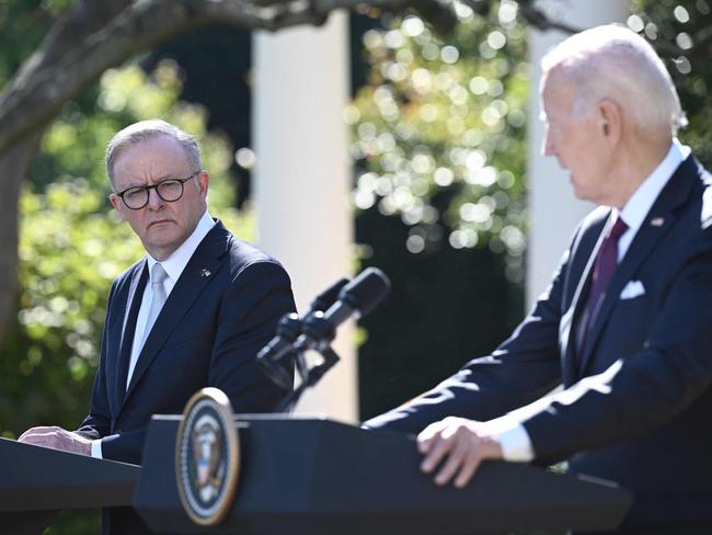 Joe Biden and Anthony Albanese during their White House press conference. Picture: Brendan Smialowski (AFP)