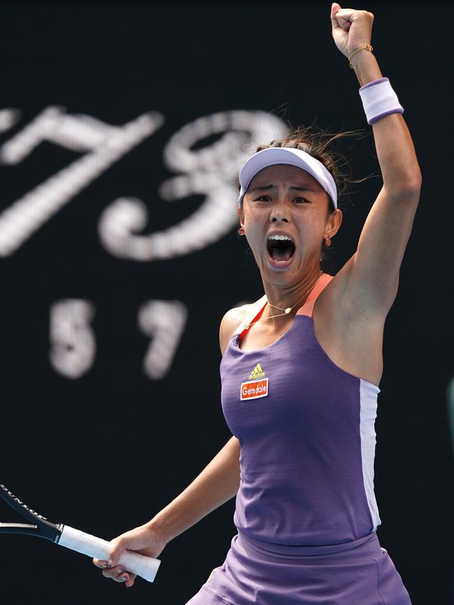 Qiang Wang celebrates after beating Serena Williams. Picture: AAP