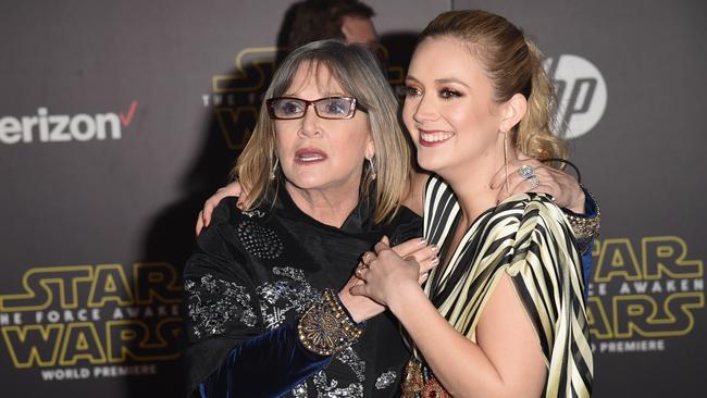 Actresses Carrie Fisher and daughter Billie Lourd at the premiere of Star Wars: The Force Awakens in Los Angeles in 2015. Picture: Jason Merritt/Getty Images