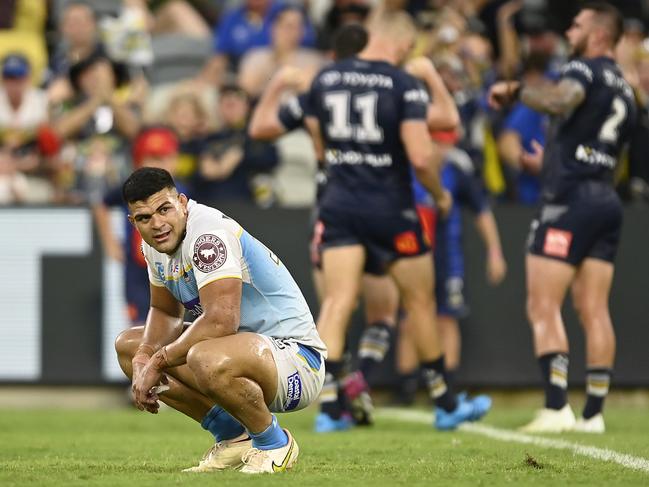 TOWNSVILLE, AUSTRALIA - MARCH 25: David Fifita of the Titans looks dejected after losing the round four NRL match between North Queensland Cowboys and Gold Coast Titans at Qld Country Bank Stadium on March 25, 2023 in Townsville, Australia. (Photo by Ian Hitchcock/Getty Images)