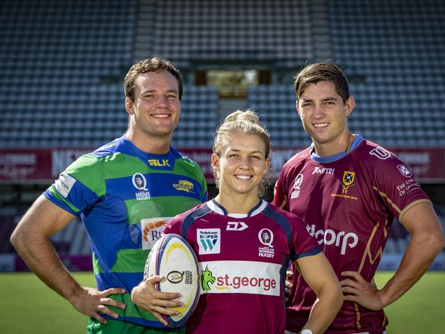 Grassroots roar to life at Ballymore: (from left) GPS prop Fred Burke, Queensland women's Super W fullback Georgie Friedrichs and University winger Jock Campbell ready for three-match bill. Photo: Brendan Hertel, QRU