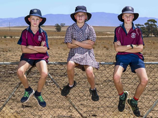 Kids of the drought Kody Chapman,9,Matisse Arthur,11,and Noah Zwar ,10 from Booleroo Centre District school during a visit to the drought effected  mid north of South Australia.Wednesday,March.,5,2025.Picture Mark Brake