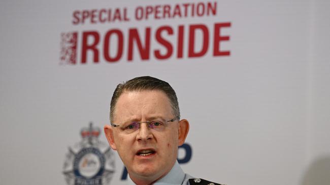 Australian Federal Police (AFP) Assistant Commissioner Nigel Ryan addresses the media during a press conference in Sydney, Tuesday, June 7, 2022. The AFP will focus on targeting Italian organised crime and money-laundering syndicates, prompted by invaluable intelligence obtained on the AN0M platform, marking the first anniversary of the overt action taken under Operation Ironside. (AAP Image/Dean Lewins) NO ARCHIVING