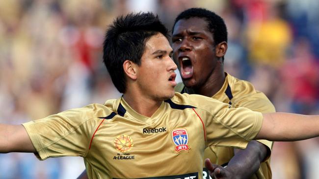 Patafta celebrates scoring his only A-League goal for the Newcastle Jets. 