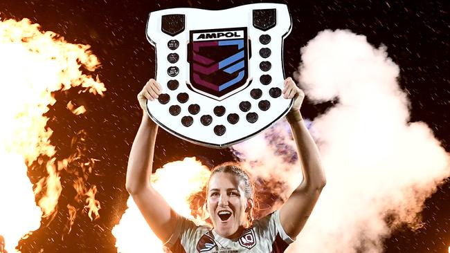 Ali Brigginshaw with the Origin shield after Queensland’s 8-6 win last year. Picture: Bradley Kanaris/Getty Images