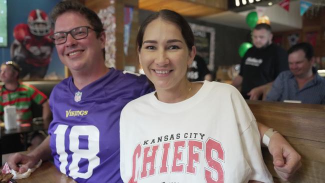 Enjoying the Super Bowl party at Tailgate Sports Bar in the Toowoomba CBD are (from left) Alastair Hamilton and Ashleigh Jonsson.