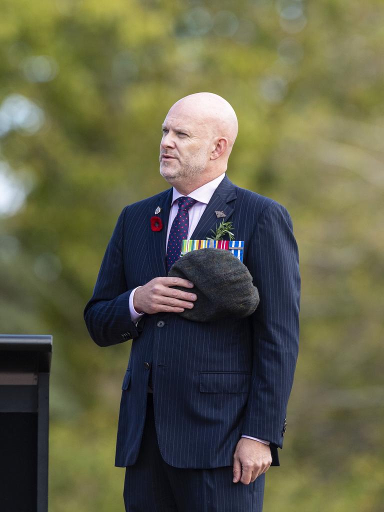 Master of Ceremonies Retired Major Dan O'Mara during the national anthem at the Citizens' Wreath Laying Ceremony on Anzac Day at the Mothers' Memorial, Tuesday, April 25, 2023. Picture: Kevin Farmer