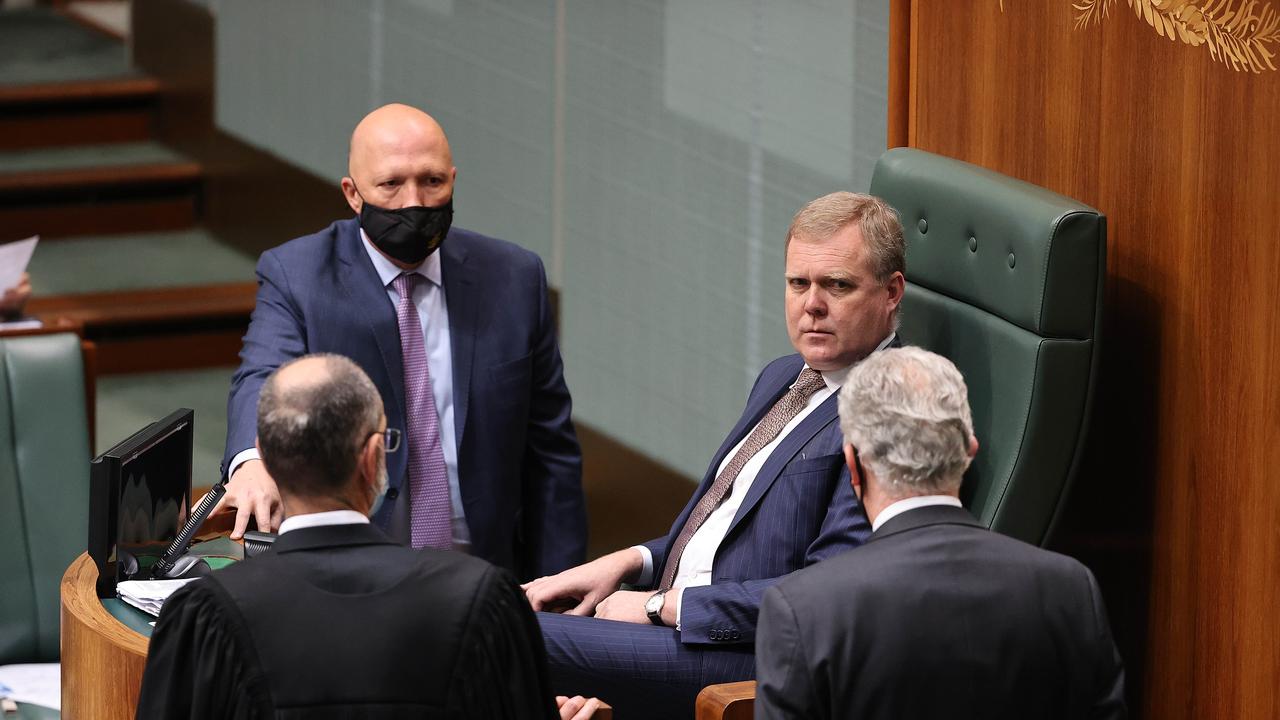 Speaker Tony Smith spoke with Peter Dutton and Tony Burke after Mr Hill’s tirade. Picture: NCA NewsWire / Gary Ramage