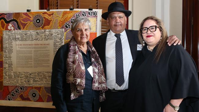 Pat Anderson, Noel Pearson and Megan Davis at Sydney Town Hall last week after the Uluru Statement from the Heart won the Sydney Peace Prize. Picture: Britta Campion