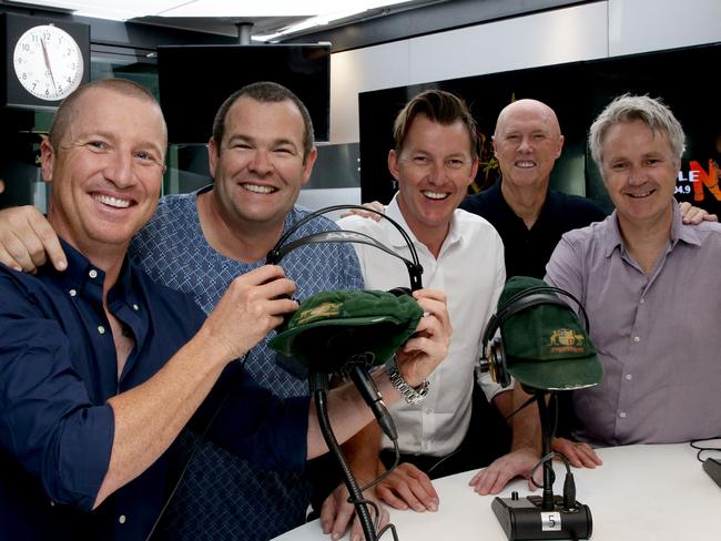 Triple M cricket commentary team (L-R)   Brad Haddin, Gus Worland, Brett Lee,  Kerry O'Keeffe and Jules Schiller in the studio. Picture: Craig Wilson