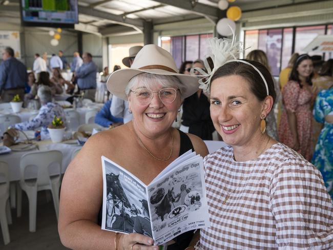 Molly Scotney (left) and Laura O'Leary at Warwick Cup race day at Allman Park Racecourse, Saturday, October 14, 2023. Picture: Kevin Farmer