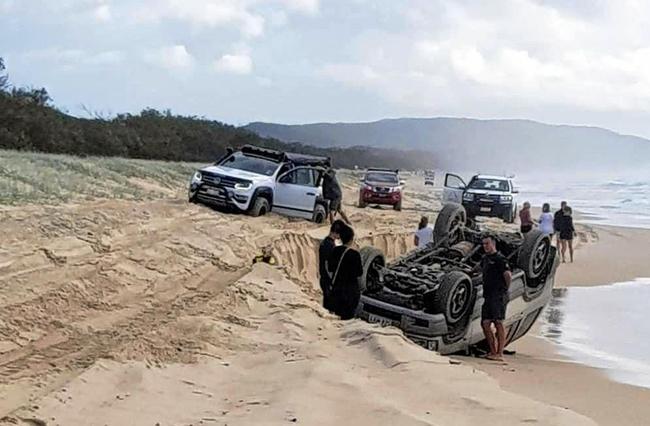 I got bogged at Inskip Point Facebook page posted photos of a car roll over along the beach at Teewah over the Easter break. Picture: I got bogged at Inskip Point