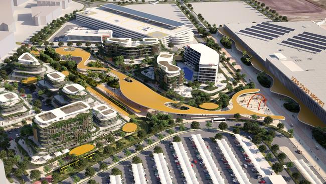 Artist impression of the Gold Coast Airport masterplan, which features an expanded hotel, a light rail connection and retail precinct. Picture: Supplied