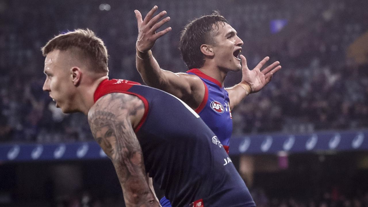 MELBOURNE, AUSTRALIA - JULY 23: Jamarra Ugle-Hagan of the Bulldogs celebrates a goal to win the game during the round 19 AFL match between the Western Bulldogs and the Melbourne Demons at Marvel Stadium on July 23, 2022 in Melbourne, Australia. (Photo by Darrian Traynor/Getty Images)