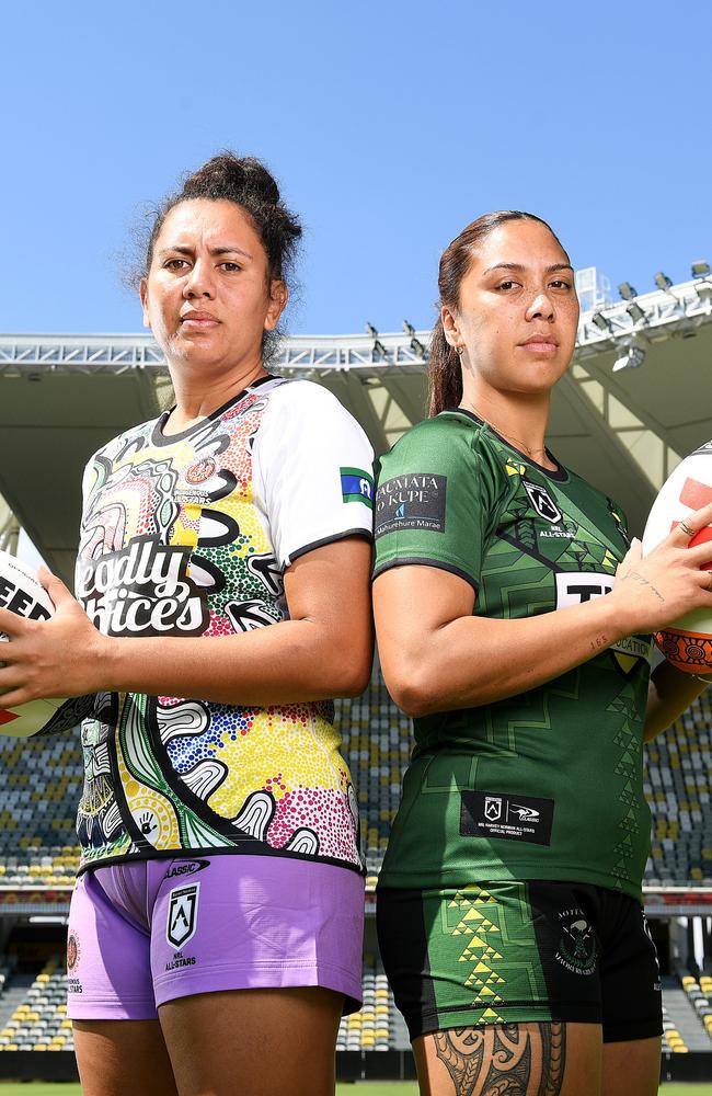 Indigenous All Stars Tallisha Harden and Maori All Stars player Shannon Mato at Queensland Country Bank Stadium in Townsville promoting the 2024 All Stars game. Picture: Shae Beplate.