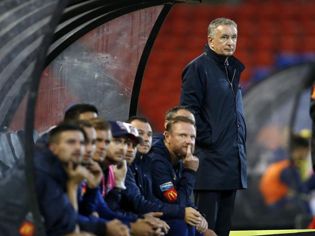 Jets coach Ernie Merrick watches the match during the Round 22 A League match between the Newcastle Jets and the Central Coast Mariners at McDonald Jones Stadium in Newcastle, Saturday, March 16, 2019. (AAP Image/Darren Pateman) NO ARCHIVING, EDITORIAL USE ONLY