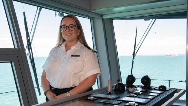 Benna Runcie 2nd Officer stands at the bridge of the luxury cruise ship Seabourn Pursuit as it arrives Darwin Port for the first time this year for its first season in the Kimberleys. Picture: Pema Tamang Pakhrin